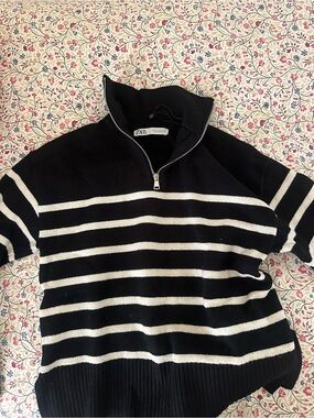 Zara Black and White Striped Zip-Up Sweater